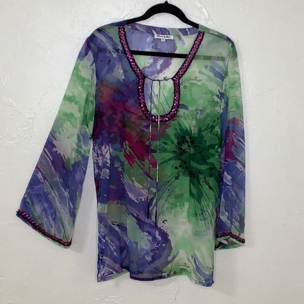 Rhonda Sutton beaded trim watercolor sheer swimsuit cover size medium EUC